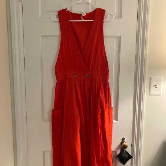 Free People Red Pinafore Jumper Linen Cottagecore Dress - Picture 1 of 8